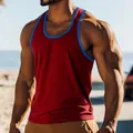 Men's athletic red tank top with blue contrast trim, slim fit gym wear - S / Tops / Red