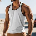 Detail view of men's slim fit athletic tank top with contrast black trim for summer sports - S / Tops / Gray