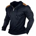 Detail view of men's navy blue hoodie with brown shoulder patches and neck zipper. - S / Tops / Navy Blue