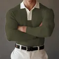 Detail of olive green waffle knit polo shirt with white contrast collar - S / Tops / Green