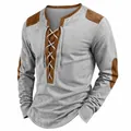Close-up detail of lace-up Henry collar and soft suede texture on grey men's long tee. - S / Tops / Gray