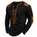 Detail showing the suede patchwork and lace-up neck on this black Henley shirt - S / Tops / Black
