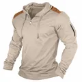 Detail view of men's stylish khaki long sleeve hoodie with brown shoulder patches and arm zip - S / Tops / Milky White