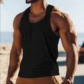 Detailed view of a men's black breathable fitness sports tank top on a male model - S / Tops / Black