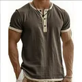 Close-up of a vintage brown Henley T-shirt with contrast beige trim and linen texture - Dark Brown