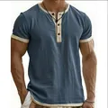 Close-up detail of men's vintage contrast color Henley shirt in blue and beige fabric - S / Tops / Navy Blue