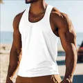 Detail shot of white athletic tank top showing professional gym fit on muscular model - S / Tops / White