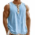 Detail of light blue men's sleeveless fitness tank top with 3-button Henley collar - Light Blue