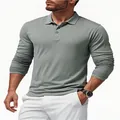Detail of men's long sleeve polo shirt with classic collar and breathable fabric. - S / Tops / Gray