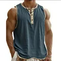 Detailed view of a men's sleeveless fitness tank top with a 3-button placket design - Dark Blue