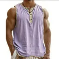 Close-up detail of men's purple fitness tank top with button collar and sports texture. - S / Tops / Light Purple