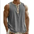 Detailed shot of grey men's fitness tank top featuring a 3-button Henley collar design - S / Tops / Gray