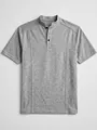 Close-up of men's grey knit henley shirt with stand collar and button placket detail - S / Tops / Light Gray