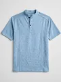 Detail view of light blue men's knit polo shirt featuring a stand collar and button placket. - S / Sky Blue