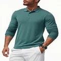 Detailed view of a slim fit men's long-sleeved quick-dry polo shirt in dark cyan color - Teal