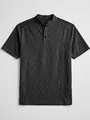 Detailed front view of a men's charcoal grey short-sleeved henley T-shirt with stand collar. - S / Tops / Black