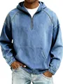 Close-up detail of men's vintage washed denim half-zip hoodie with kangaroo pocket - S / Tops / Blue