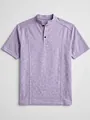 Macro view of heathered lavender knit shirt with stand collar and button placket - Light Purple