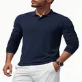 Close-up detail of a navy blue long-sleeve polo shirt for men with quick-dry fabric - S / Tops / Navy Blue