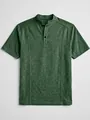 Casual men's short sleeve t-shirt with stand collar and button placket in heathered green - Army Green