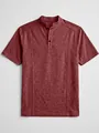 Detailed view of a maroon men's casual Henley knit short sleeve t-shirt with standing collar - Burgundy