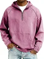 Detail of heavy washed pinkish-purple denim hoodie with half-zip and kangaroo pocket. - Pink