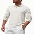 Professional model wearing a classic men's long-sleeved polo shirt in elegant off-white - S / Tops / White