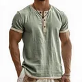 Men's retro sage green Henley shirt with beige contrast trim and slub textured fabric - Light Green