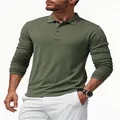 Close-up detail of a men's olive green long-sleeve polo shirt with a classic button placket. - Army Green