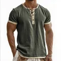 Men's retro green contrast trim Henley neck short sleeve t-shirt with textured fabric - Army Green