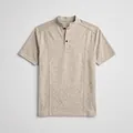 Men's casual stand collar short sleeve knit shirt in oatmeal grey melange texture - S / Tops / Khaki