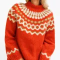Maglione a maglia arancione a collo alto con motivi geometrici colorati Fair Isle. - 3XL / Top / Rosso