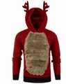 Vue détaillée du sweat à capuche de Noël rouge pour homme avec bois de renne et fourrure. - M / Hauts / Rouge avec Khaki