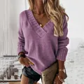 Close-up of a cozy purple V-neck knitted sweater for women in a street style setting. - S / Tops / Purple