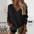 Detailed macro view of black knit texture and deep V-neckline of a stylish sweater - Black