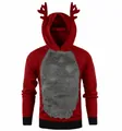 Vue détaillée d'un sweat à capuche de Noël avec bois de renne et patch en fausse fourrure. - M / Hauts / Rouge et Gris