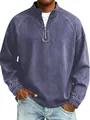 Detailed view of men's quarter-zip mock neck sweatshirt with faded denim texture - Navy Blue