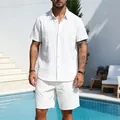 Men's summer white vertical striped linen shirt and shorts set breathable casual outfit - S / Top And Bottom / White