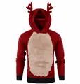Vue détaillée du sweat à capuche de renne de Noël rouge avec un patch de poitrine en peluche. - M / Hauts / Rouge et Rose
