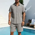 Men's casual summer linen set with striped short-sleeved shirt and matching shorts in taupe. - S / Top And Bottom / Gray