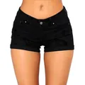 Womens black denim shorts with distressed detail and cuffed hem for summer fashion - 3XL / Bottoms / Black