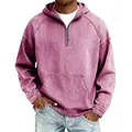 Sudadera con capucha para hombre en denim lavado pesado con media cremallera en rosa - Rosa