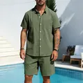 Men's olive green striped linen shirt and shorts relaxed casual summer two piece outfit - Army Green