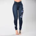 Stylish high-waisted slim fit dark blue denim jeans featuring blue floral embroidery for women - S / Bottoms / Dark Blue