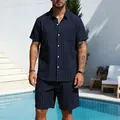 Casual navy blue vertical striped linen short sleeve shirt and shorts set for men summer - Navy Blue