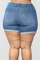 Rear detail view of women's plus size stretchy blue denim shorts with folded hem - L / Bottoms / Sapphire Blue