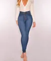 Detailed close-up showing the high waisted fit and button fly closure of these blue denim jeans - S / Bottoms / Light Blue