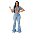 Vista completa de conjunto vaquero desgastado con top de mangas abullonadas y vaqueros - S / Bottoms / Azul claro