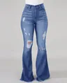 Vista frontal de vaqueros de campana azules desgastados de tiro alto con rotos - S / Bottoms / Azul claro