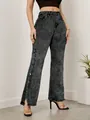 Classic vintage wash high waisted stretch flared jeans featuring side split button hem details - S / Bottoms / Snow Black